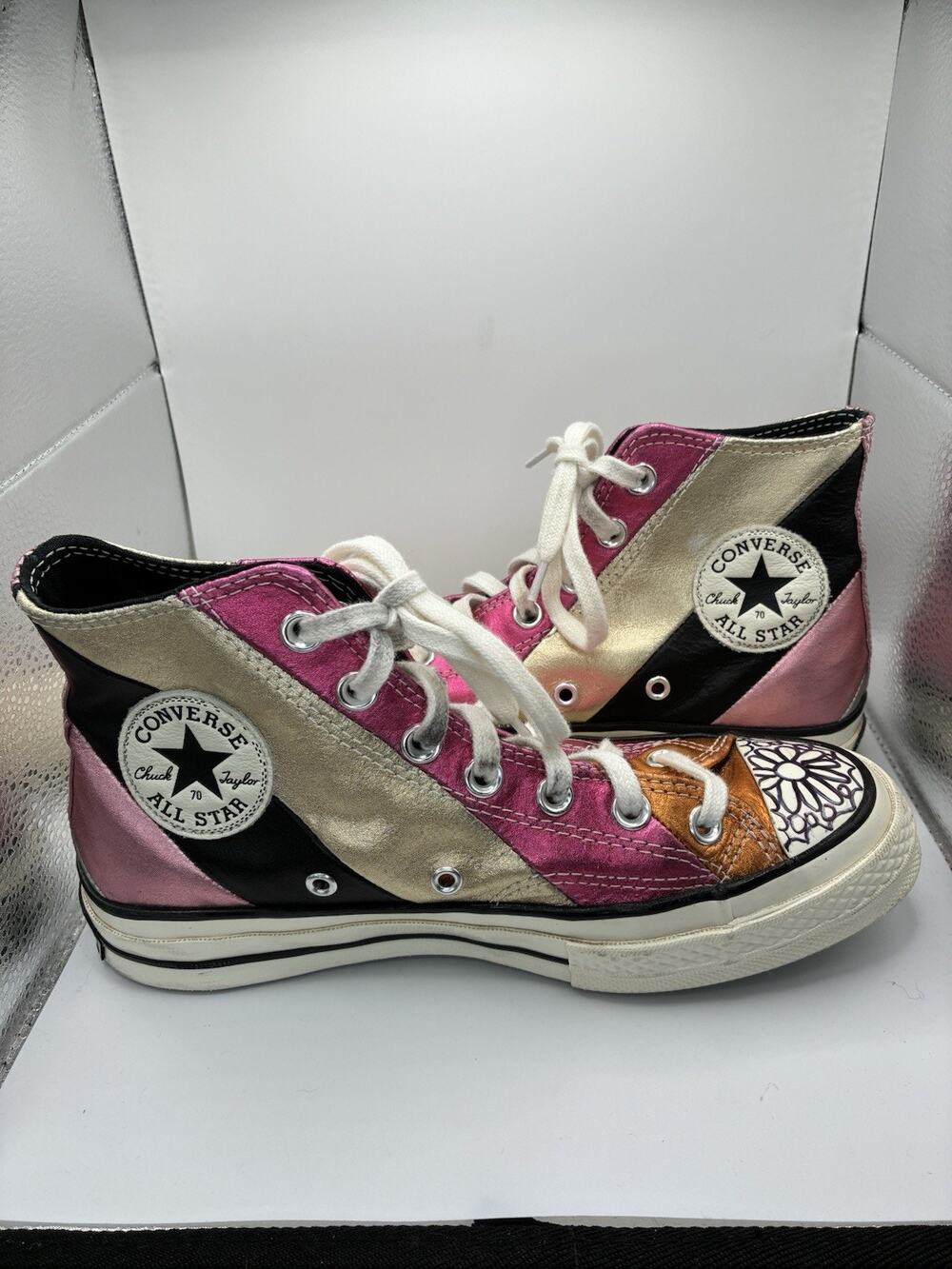 Converse Chuck 70 Metallic Rainbow Womens 7 Gold Pink Leather Hi Top Modified